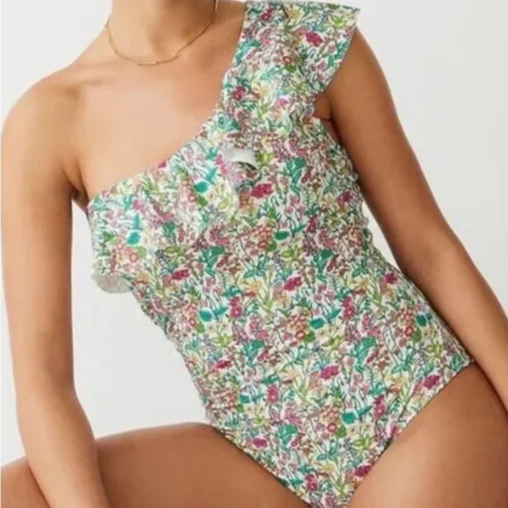 J. Crew One-Shoulder Floral One Piece in Green and Pink flutter Liberty Sz 16‎